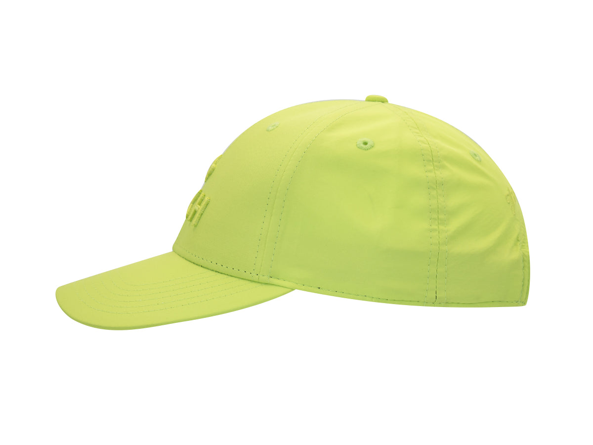 Profil gauche de la casquette Héritage nylon vert lime, visière incurvée et surface mate.