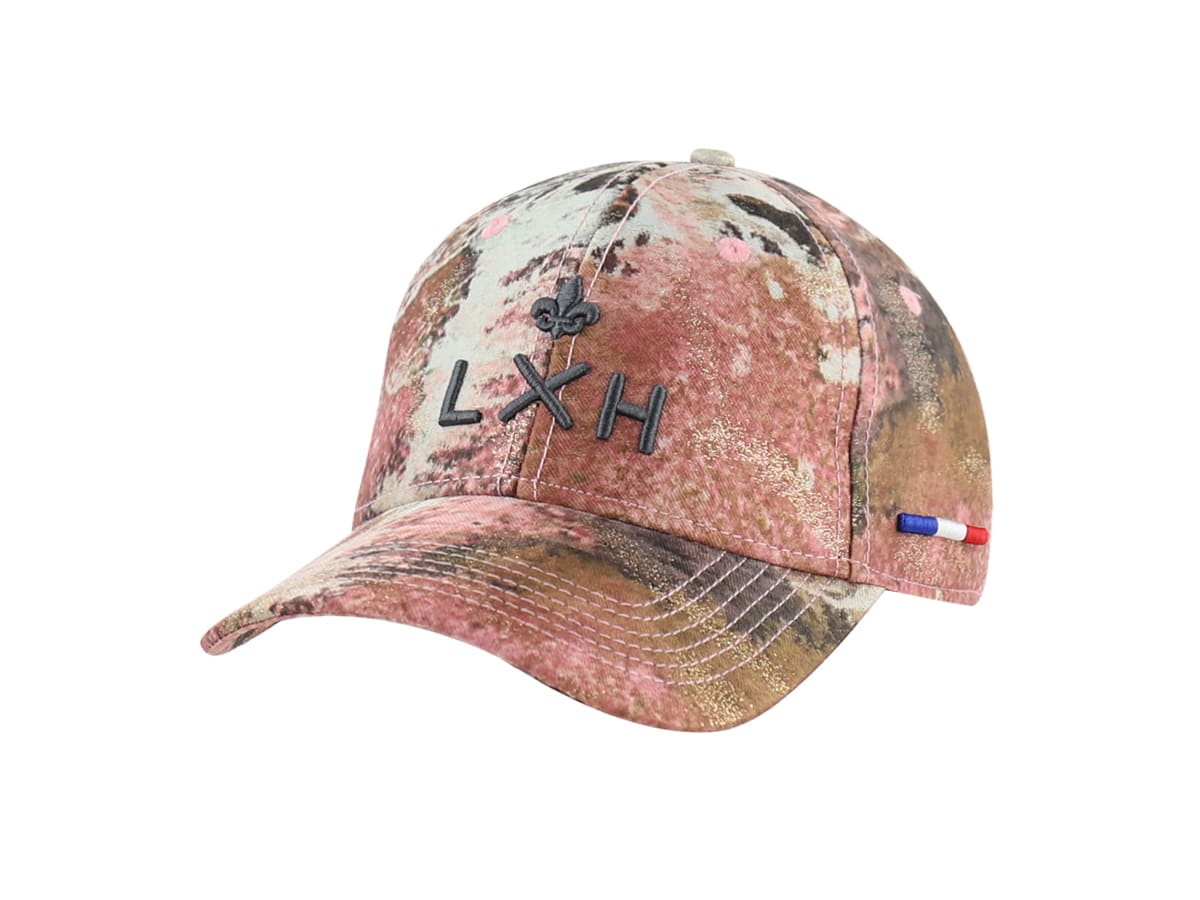 Casquette Minéraux Beige Doré LXH avec design camouflage et logo brodé sur fond blanc