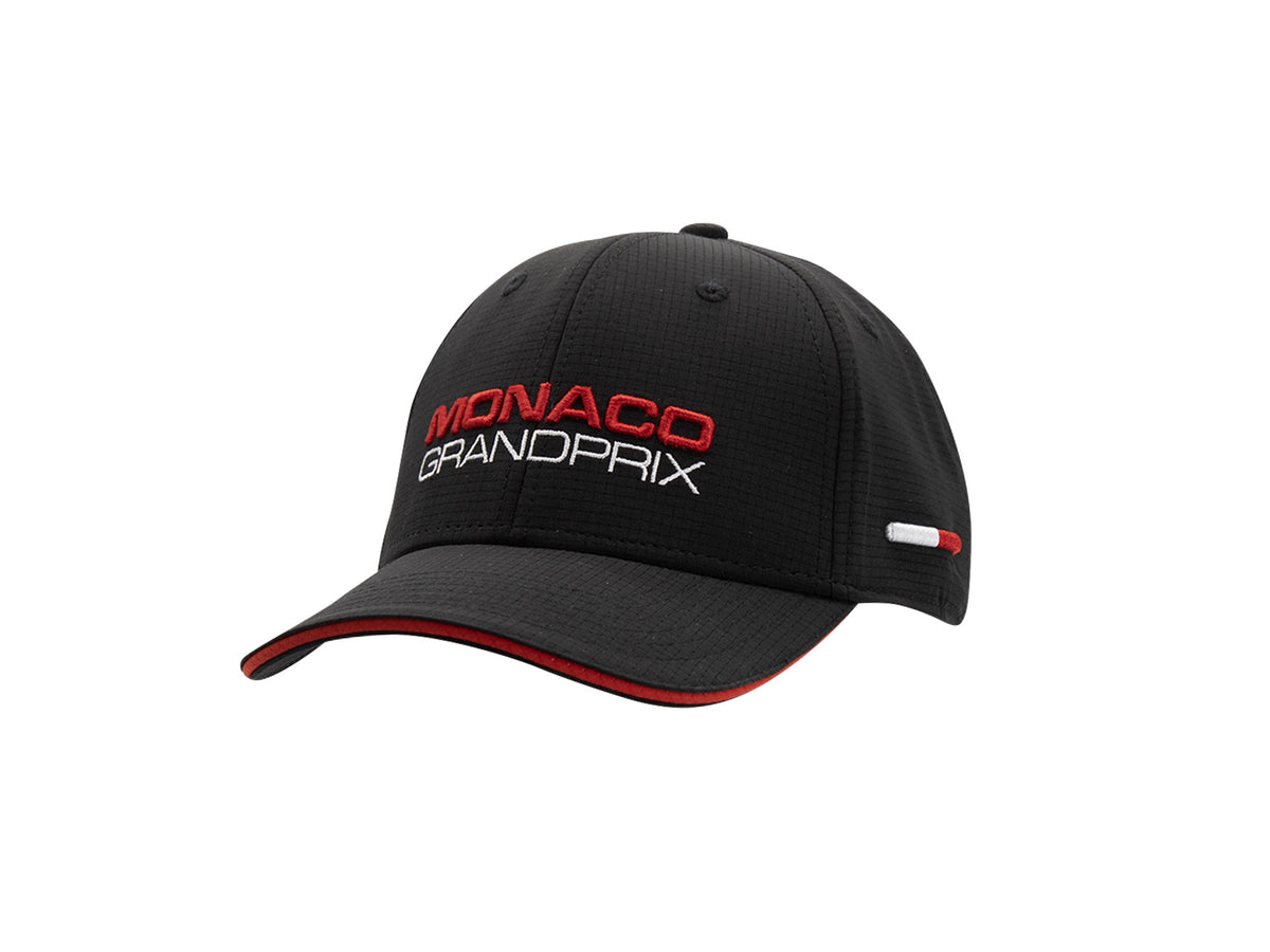 Casquette enfant LXH x Monaco Grand Prix noire, logo brodé rouge et blanc sur la face avant.