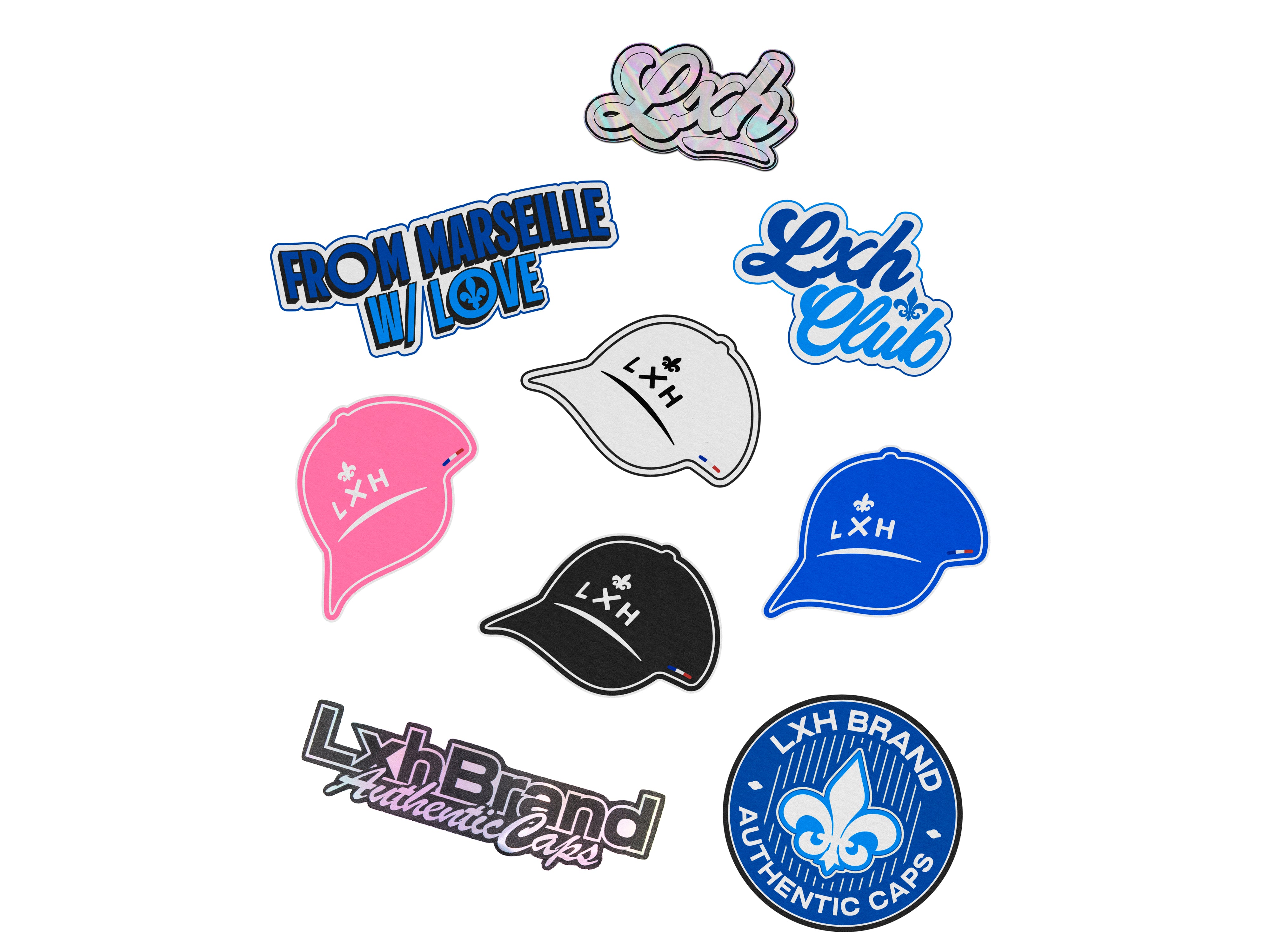 Stickers Lot de 9 de la marque LXH avec diverses designs colorés et logo de casquettes