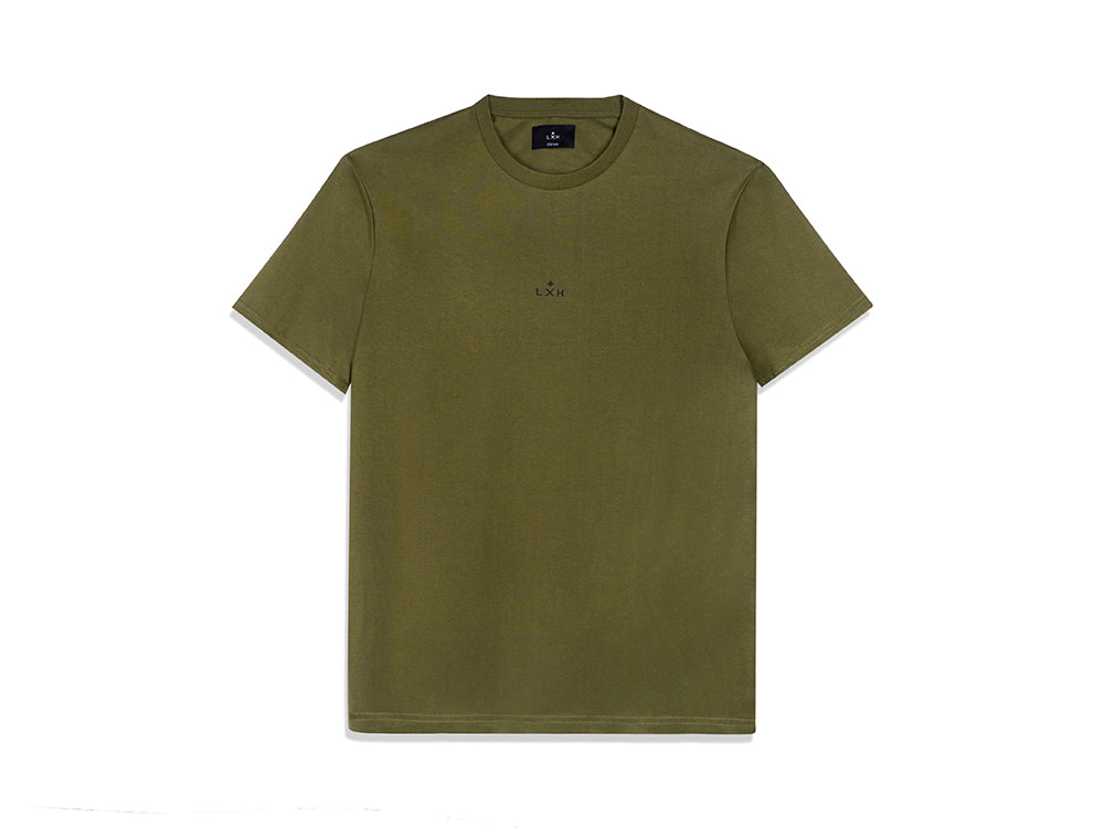 T-shirt coton LXH vert olive unisexe avec col rond et logo discret au centre