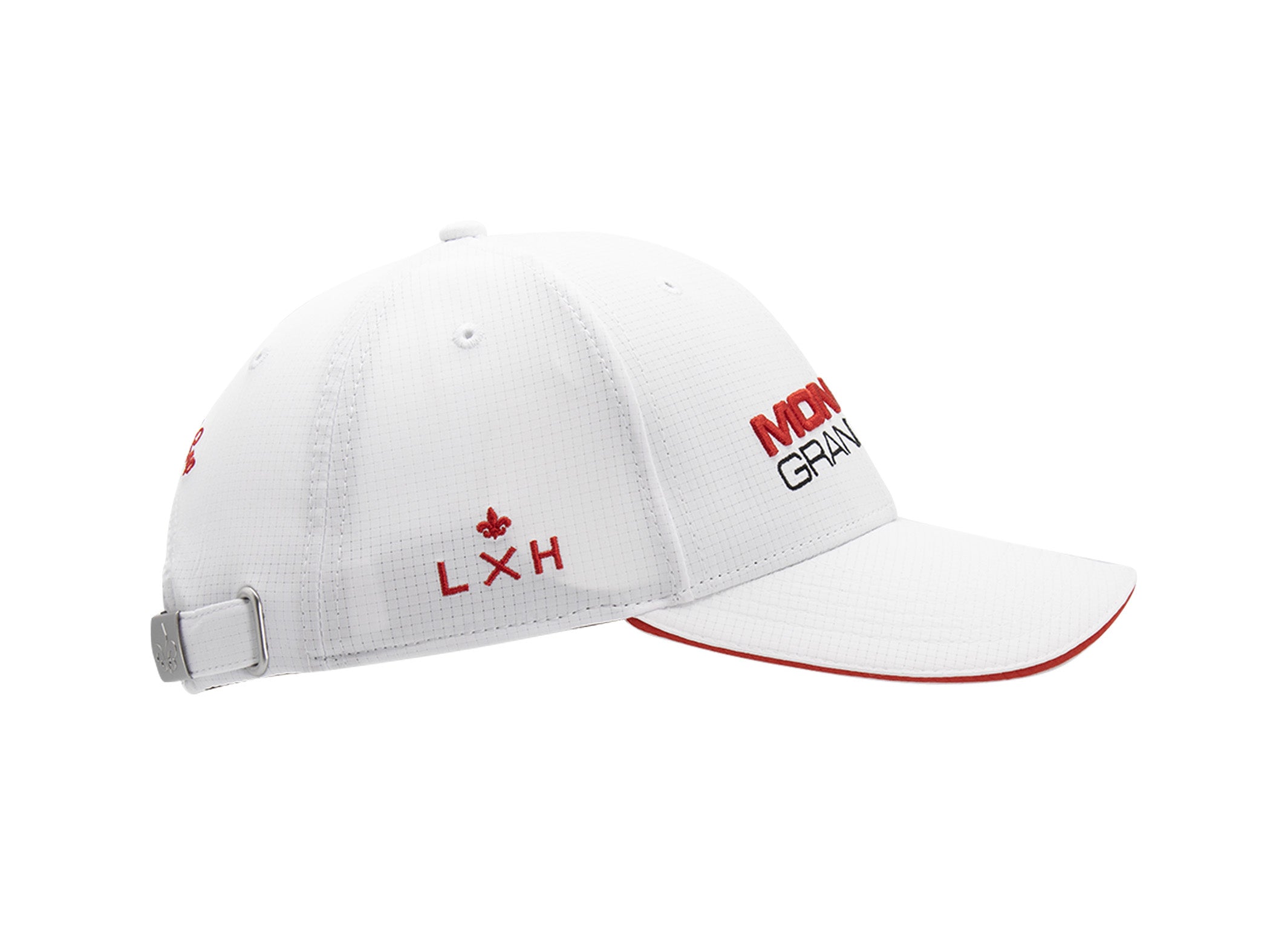 Casquette nylon LXH blanche avec logo rouge et visière courbée pour un style décontracté