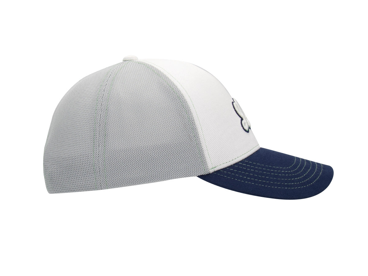 Profil droit casquette LXH Signature District, mesh gris clair, frontal coton blanc, visière navy piqûres vert clair.