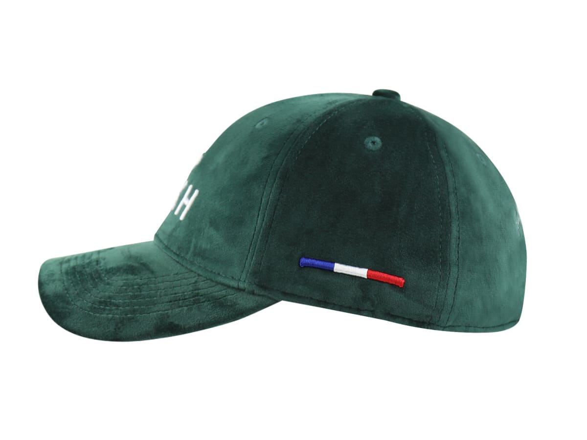 Casquette LXH en Velours de Soie Vert avec broderie tricolore française sur le côté